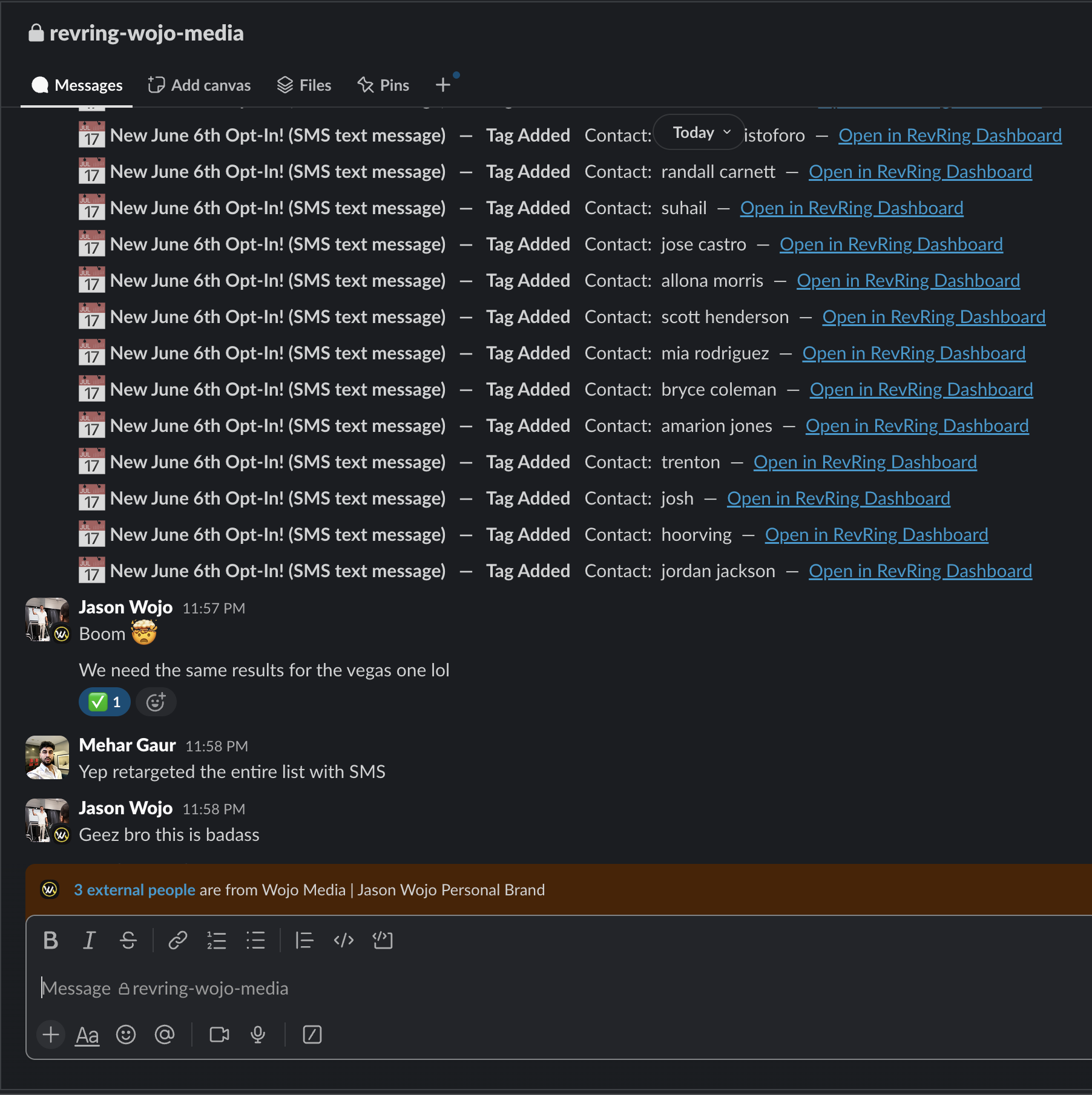 Jason Wojo reacting to RevRing SMS campaign results in Slack